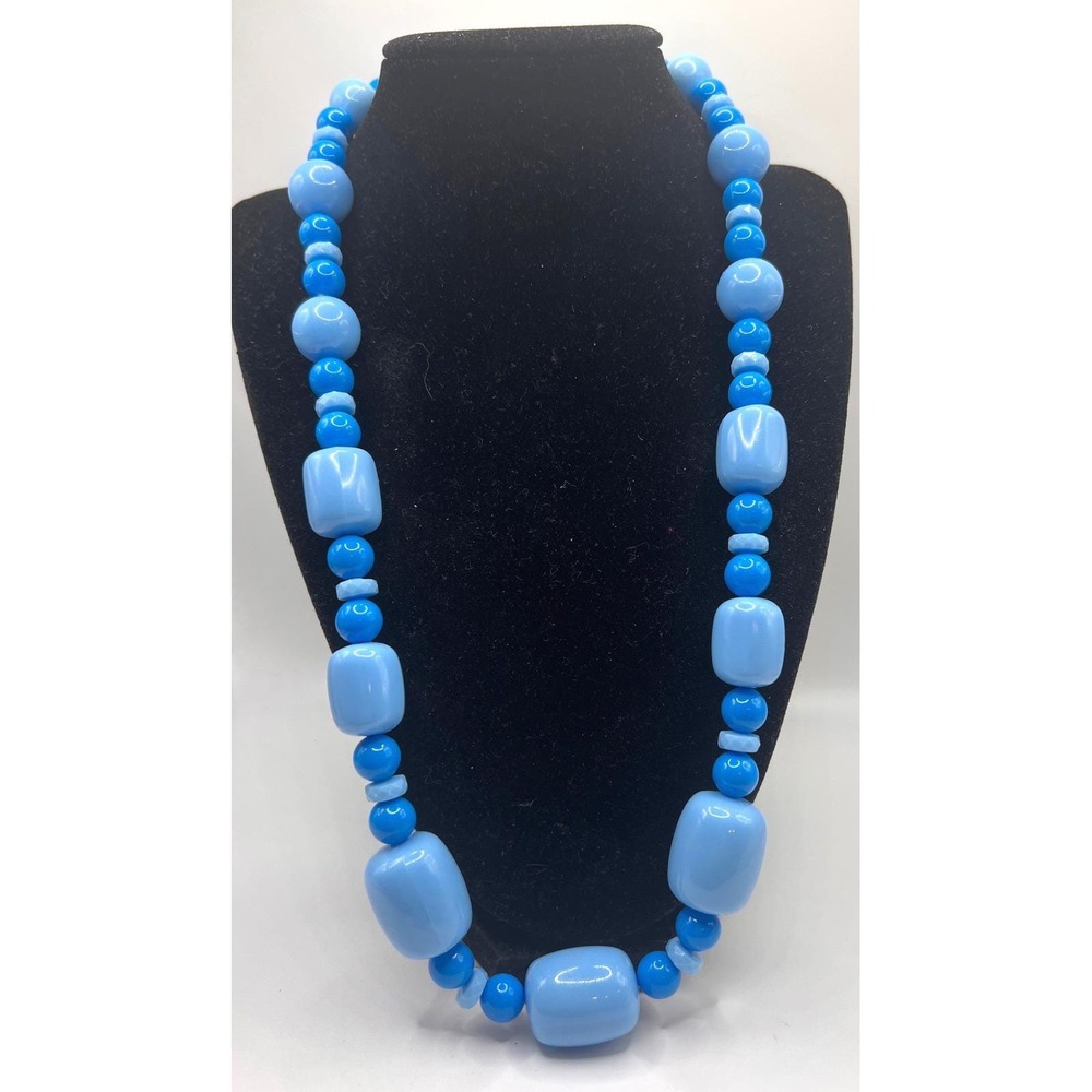 Vintage Blue Lucite Bead Necklace 24" Chunky Mod Mid Century Style